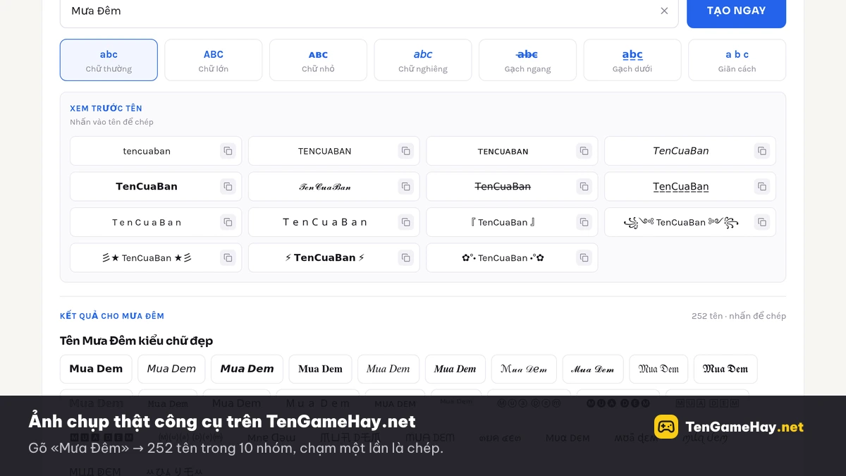 Ảnh chụp thật công cụ tạo tên game TenGameHay.net với 252 kết quả cho tên Mưa Đêm