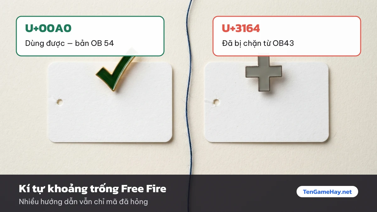 Kí tự khoảng trống Free Fire U+00A0 dùng được còn U+3164 đã bị chặn từ OB43