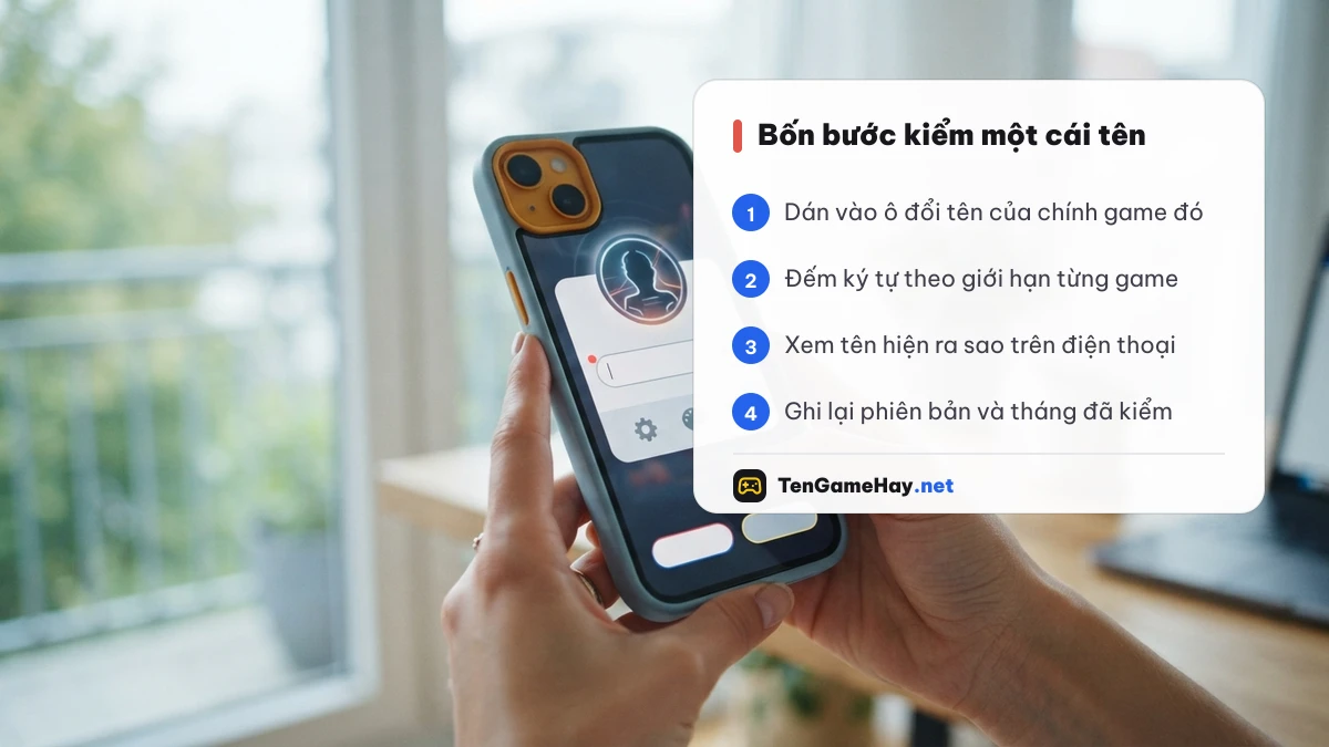 Quy trình kiểm tên game: dán vào ô đổi tên trên điện thoại rồi ghi lại phiên bản đã kiểm